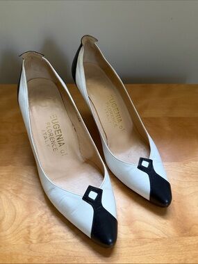 Eugenia Two-Tone White and Black Pointed Toe Heels